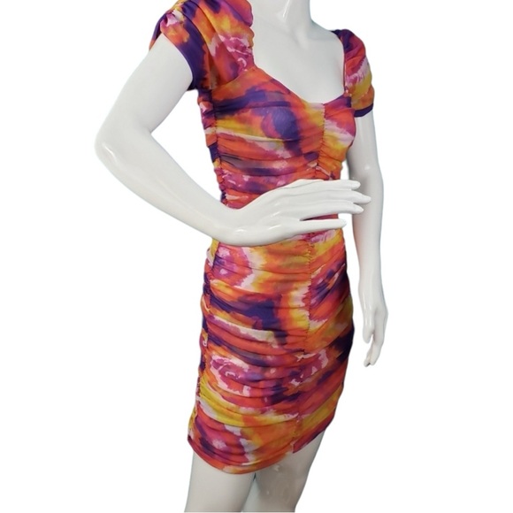 Urban Outfitters UO Tie Dye Rouched Mini Dress Puff Sleeves New Size S - Picture 11 of 15
